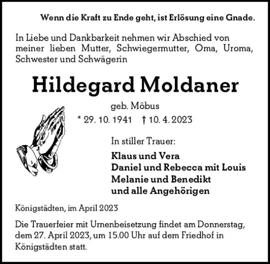 Traueranzeigen Von Hildegard Moldaner Vrm Trauer De