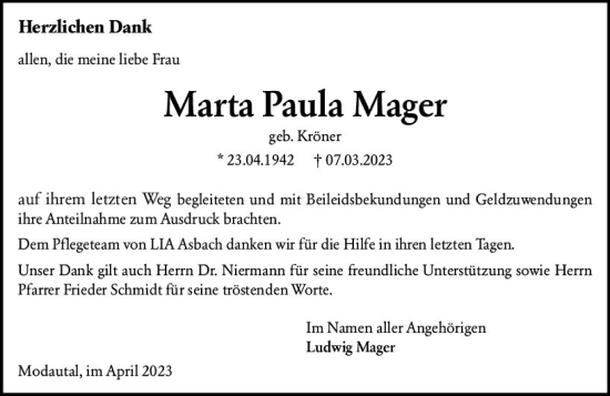 Traueranzeigen Von Maria Paula Mager Vrm Trauer De