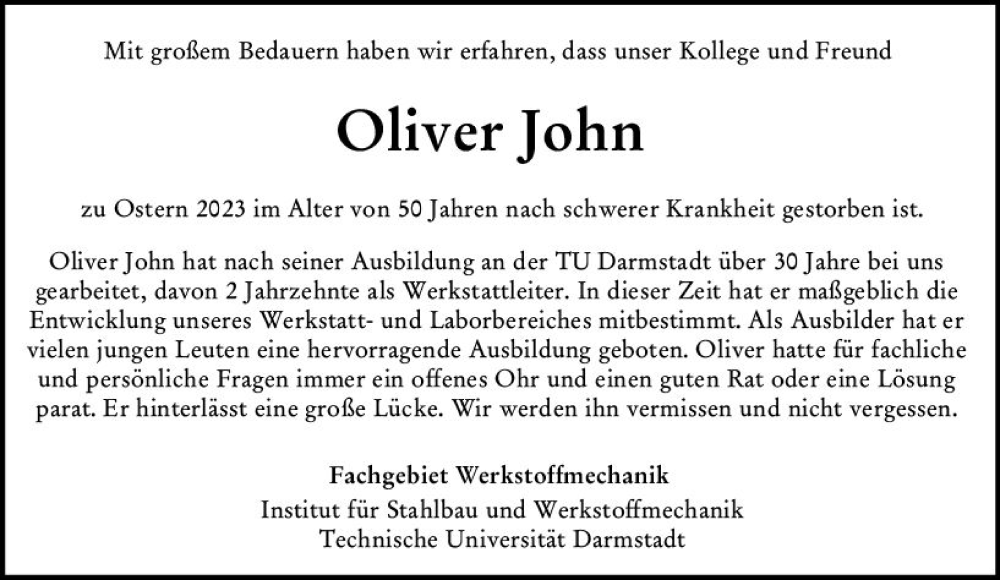 Traueranzeigen Von Oliver John Vrm Trauer De