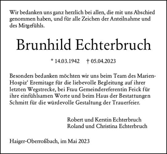 Traueranzeigen Von Brunhild Echterbruch Vrm Trauer De