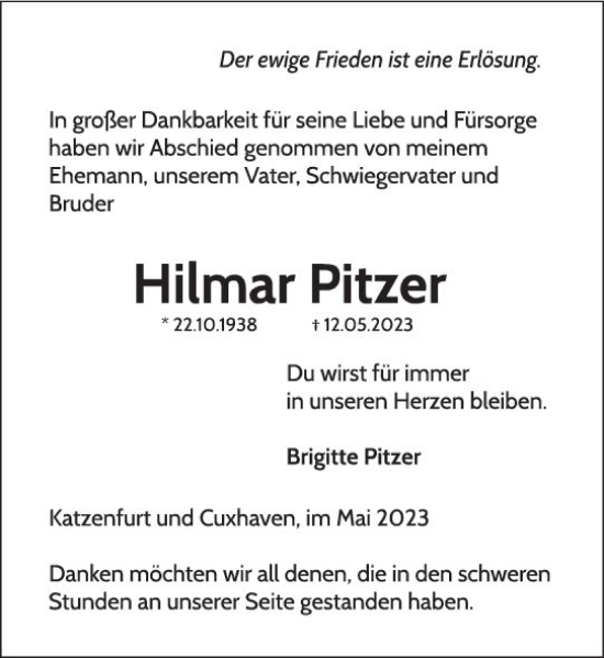 Traueranzeigen Von Hilmar Pitzer Vrm Trauer De