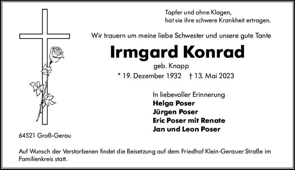 Traueranzeigen Von Irmgard Konrad Vrm Trauer De