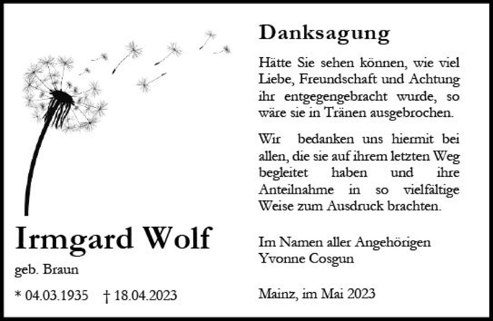 Traueranzeigen Von Irmgard Wolf Vrm Trauer De