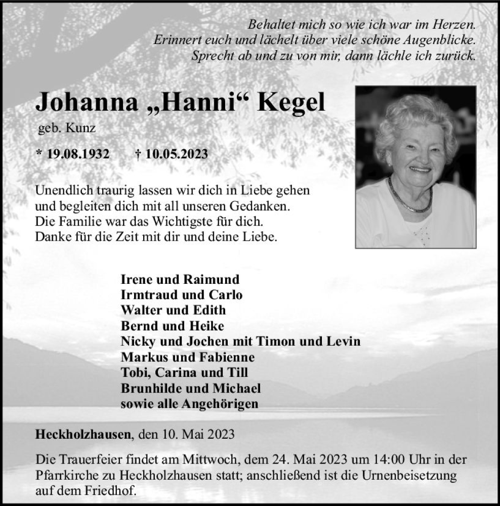 Traueranzeigen Von Johanna Kegel Vrm Trauer De