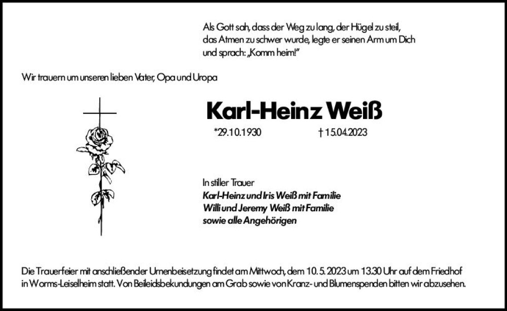 Traueranzeigen von Karl Heinz Weiß vrm trauer de