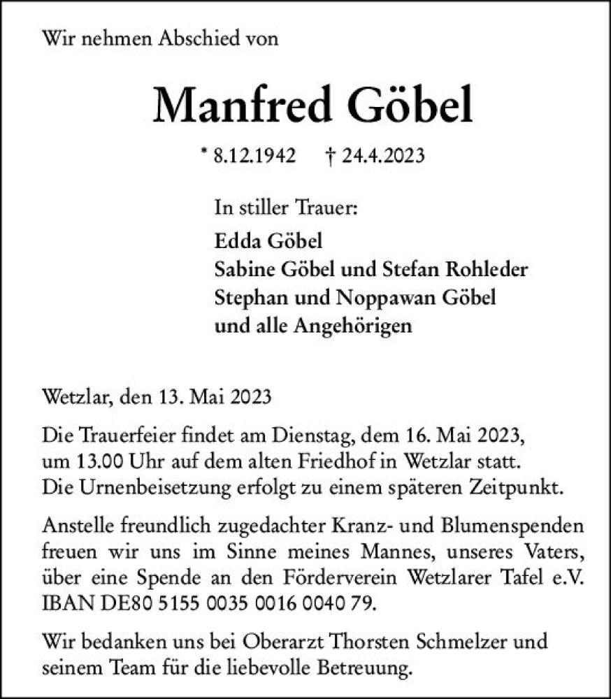 Traueranzeigen Von Manfred G Bel Vrm Trauer De