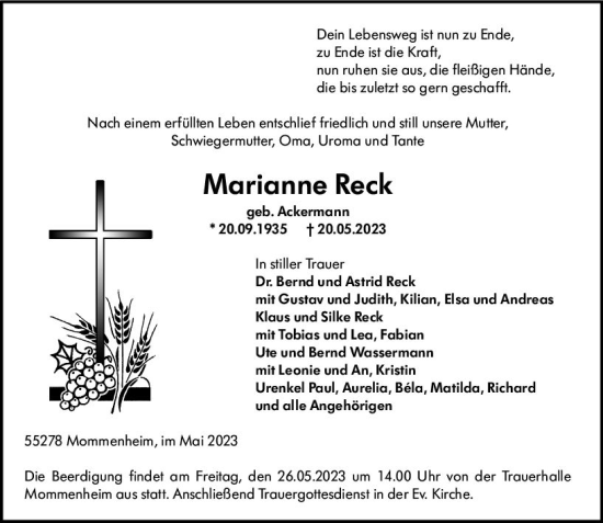 Traueranzeigen Von Marianne Reck Vrm Trauer De