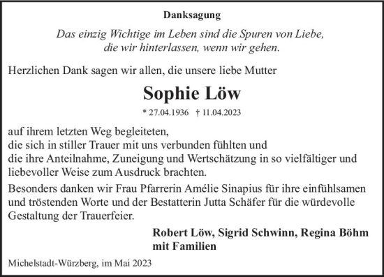 Traueranzeigen Von Sophie L W Vrm Trauer De