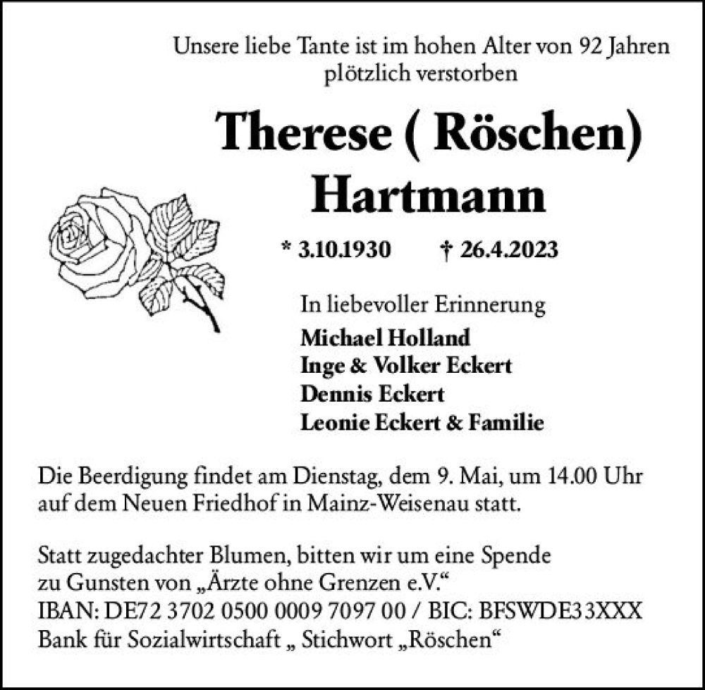 Traueranzeigen Von Therese Hartmann Vrm Trauer De