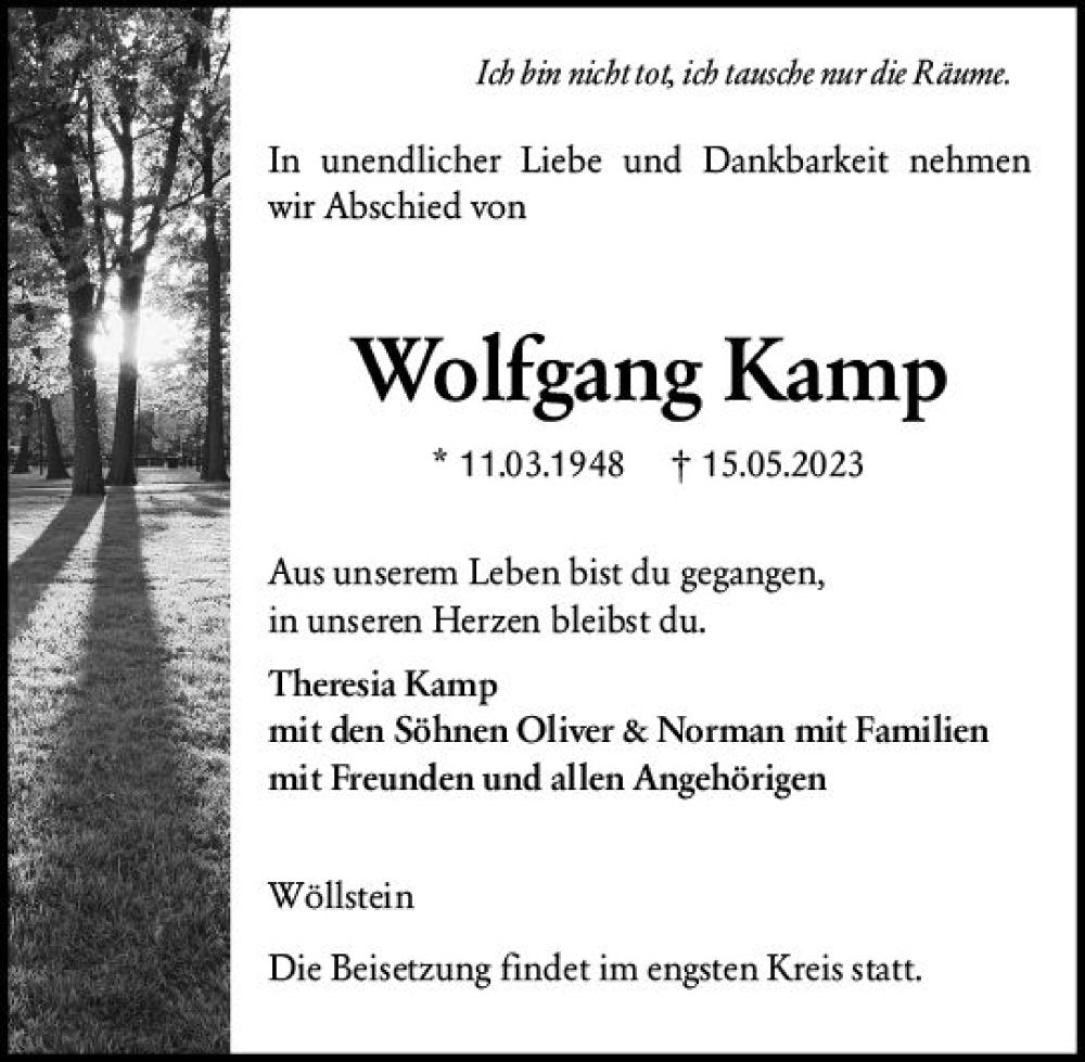 Traueranzeigen Von Wolfgang Kamp Vrm Trauer De