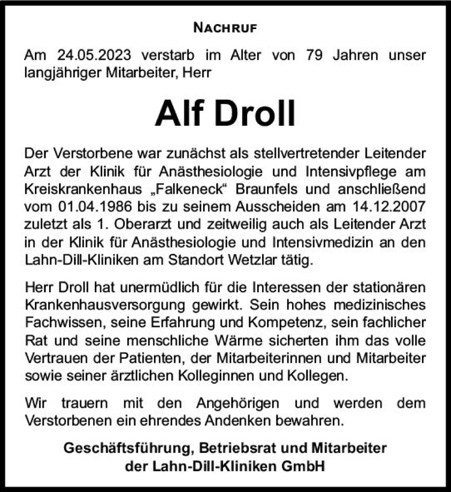 Traueranzeigen Von Alf Droll Vrm Trauer De