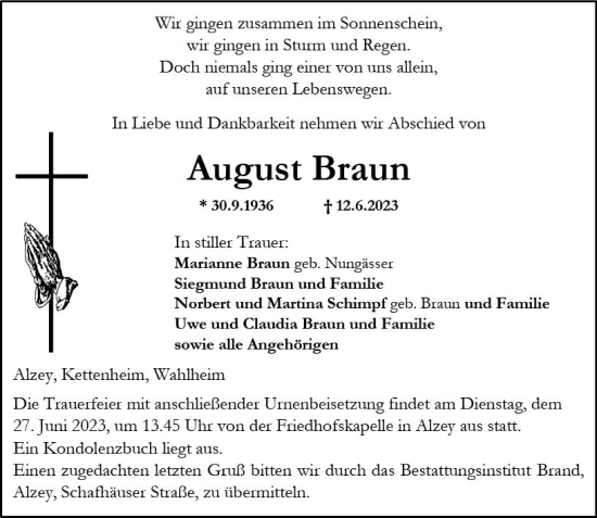 Traueranzeigen Von August Braun Vrm Trauer De