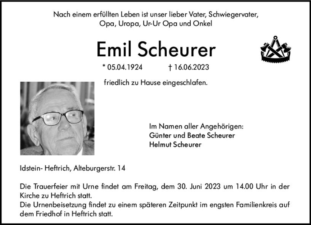 Traueranzeigen Von Emil Scheurer Vrm Trauer De