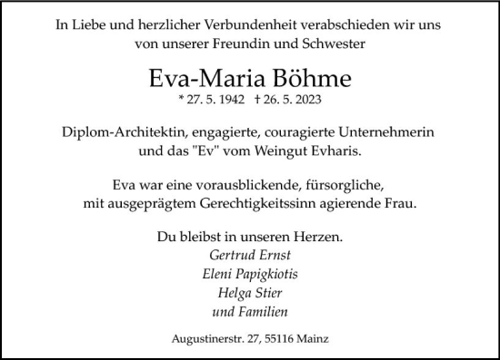 Traueranzeigen von Eva Maria Böhme vrm trauer de