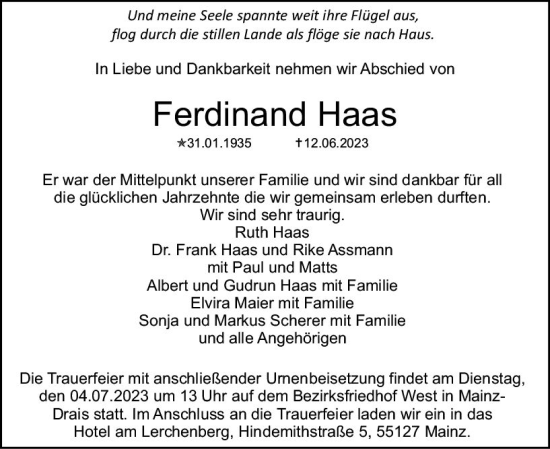 Traueranzeigen Von Ferdinand Haas Vrm Trauer De