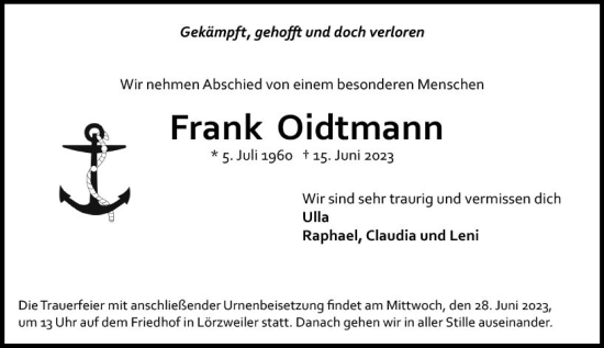 Traueranzeigen Von Frank Oidtmann Vrm Trauer De