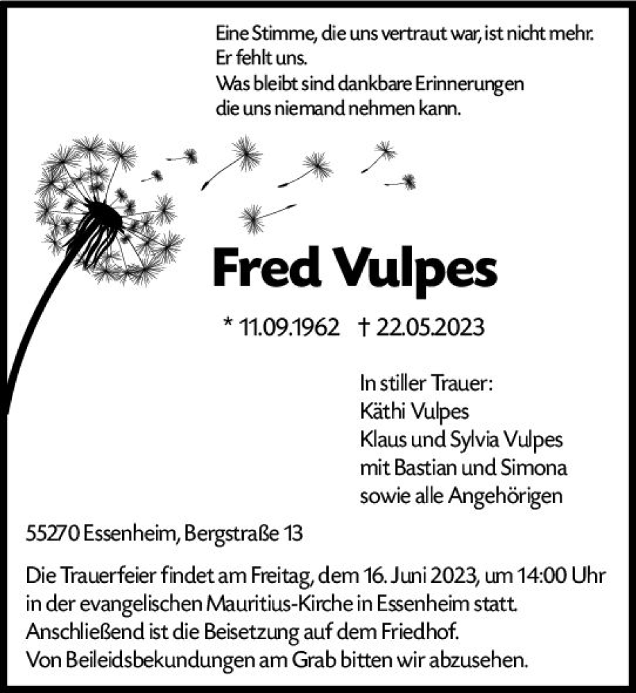 Traueranzeigen Von Fred Vulpes Vrm Trauer De