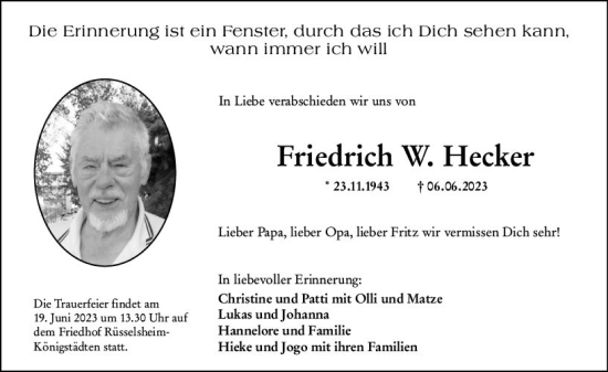 Traueranzeigen Von Friedrich Wilhelm Hecker Vrm Trauer De