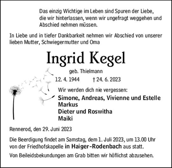 Traueranzeigen Von Ingrid Kegel Vrm Trauer De