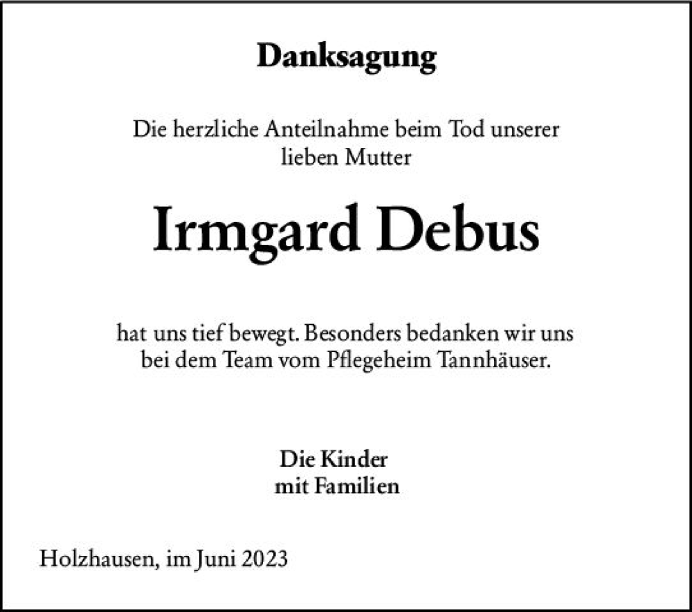 Traueranzeigen Von Irmgard Debus Vrm Trauer De