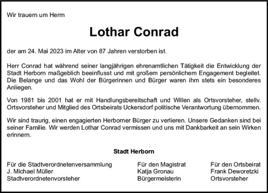 Traueranzeigen Von Lothar Conrad Vrm Trauer De