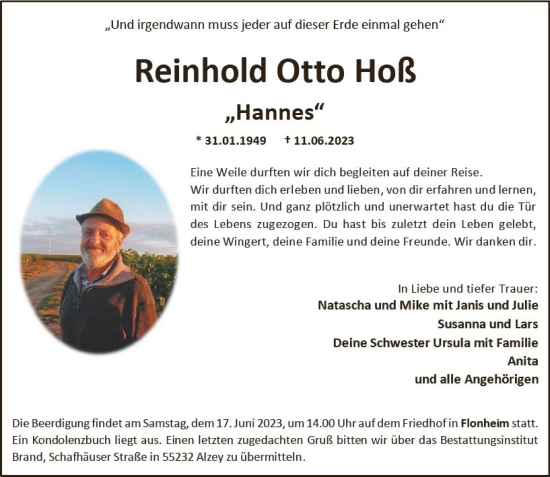 Traueranzeigen von Reinhold Otto Hoß vrm trauer de