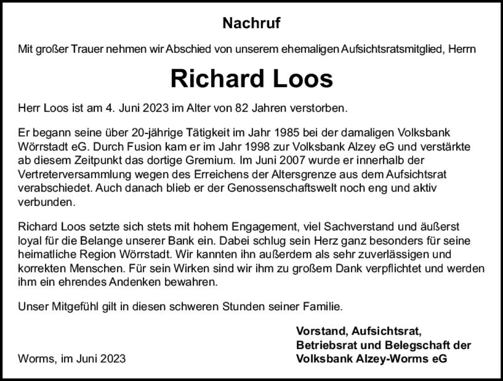 Traueranzeigen Von Richard Loos Vrm Trauer De