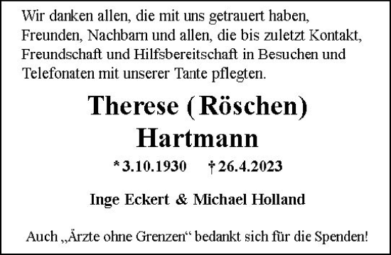 Traueranzeigen Von Therese Hartmann Vrm Trauer De