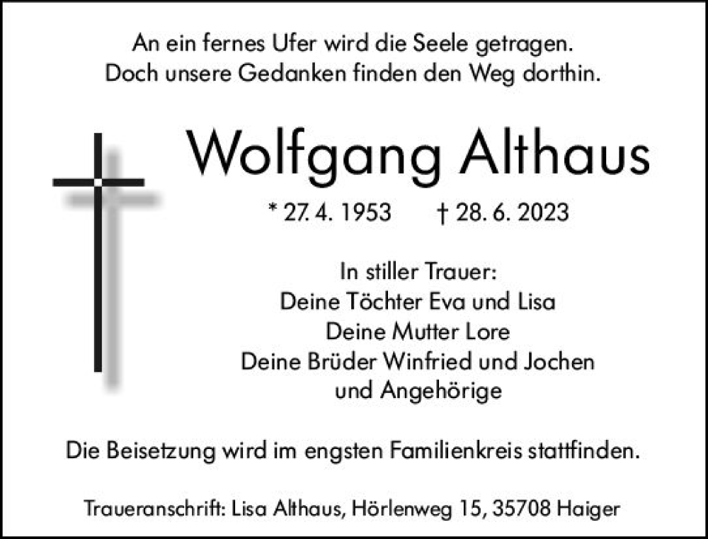 Traueranzeigen Von Wolfgang Althaus Vrm Trauer De