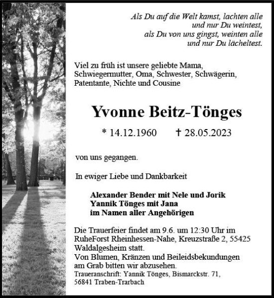 Traueranzeigen Von Yvonne Beitz T Nges Vrm Trauer De