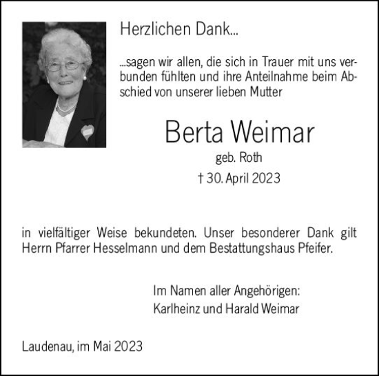 Traueranzeigen Von Berta Weimar Vrm Trauer De