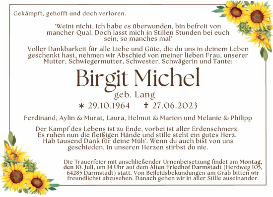 Traueranzeigen Von Birgit Michel Vrm Trauer De