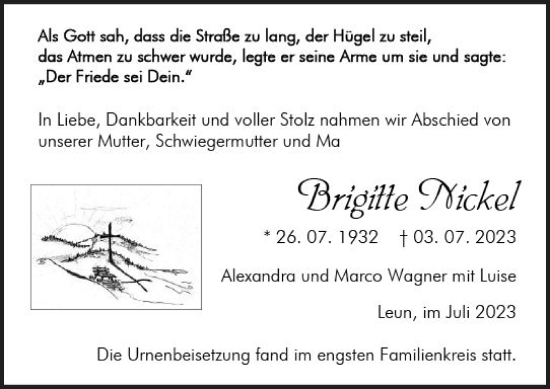 Traueranzeigen Von Brigitte Nickel Vrm Trauer De