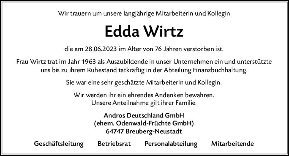 Traueranzeigen Von Edda Wirtz Vrm Trauer De