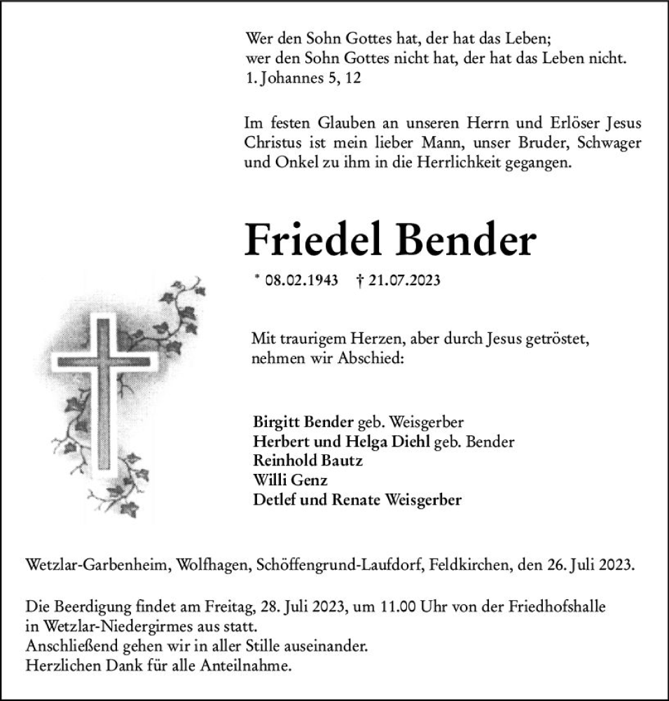 Traueranzeigen Von Friedel Bender Vrm Trauer De