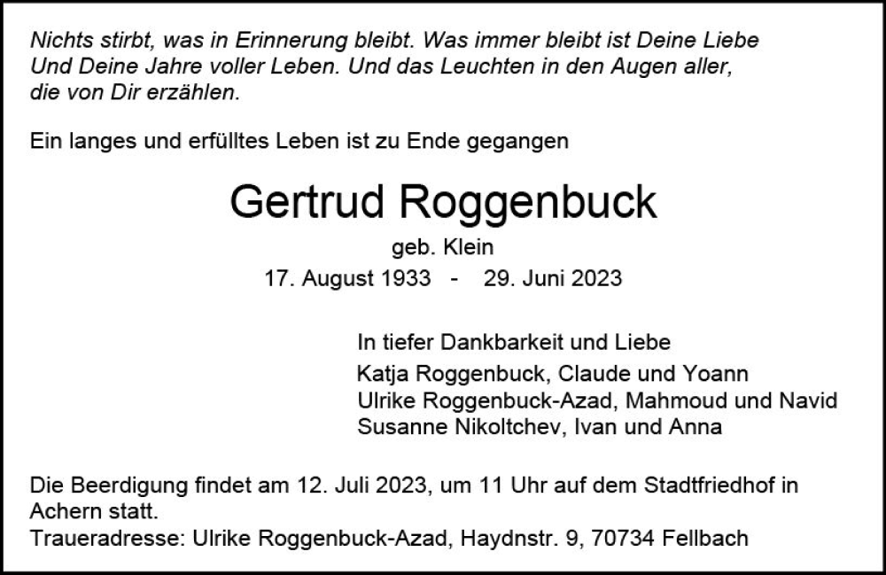 Traueranzeigen Von Gertrud Roggenbuck Vrm Trauer De