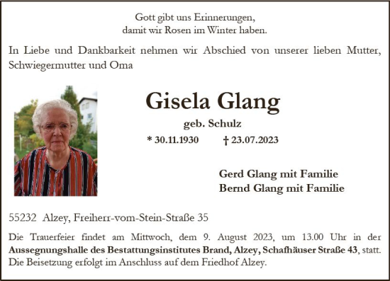 Traueranzeigen Von Gisela Glang Vrm Trauer De