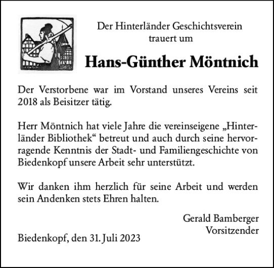 Traueranzeigen von Hans Günther Möntnich vrm trauer de