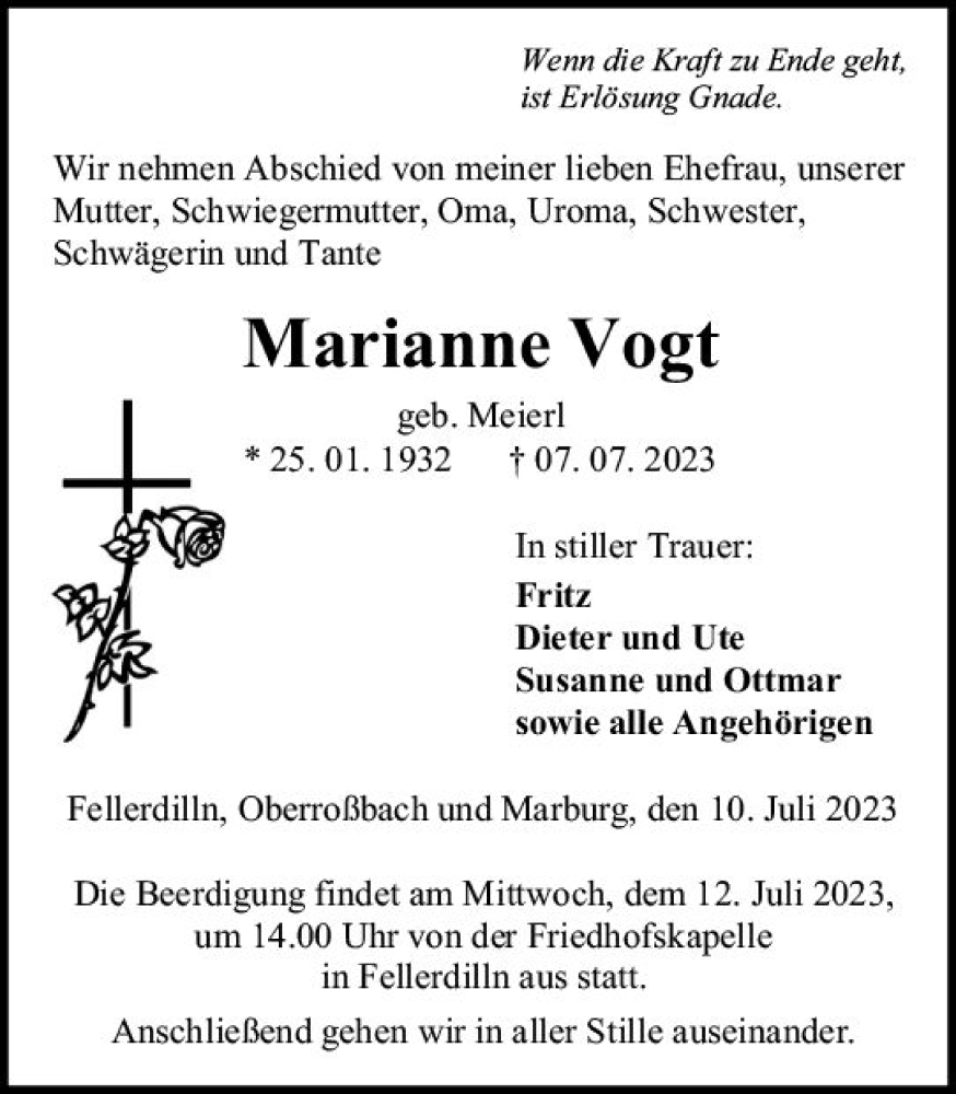 Traueranzeigen Von Marianne Vogt Vrm Trauer De