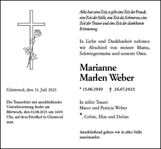 Traueranzeigen Von Marianne Marlen Weber Vrm Trauer De