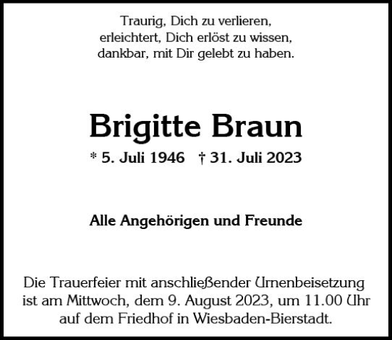 Traueranzeigen Von Brigitte Braun Vrm Trauer De