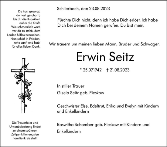 Traueranzeigen Von Erwin Seitz Vrm Trauer De