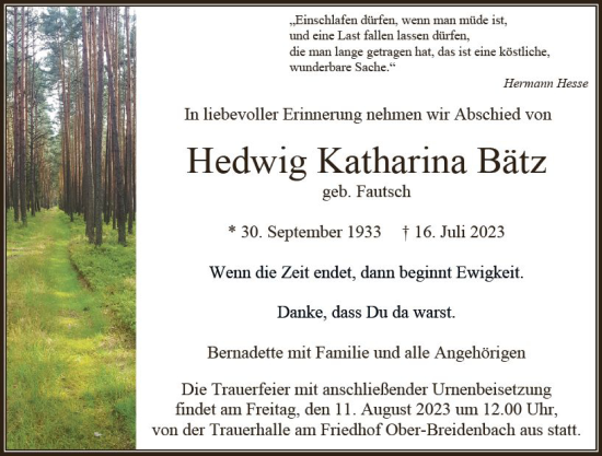 Traueranzeigen Von Hedwig Katharina B Tz Vrm Trauer De