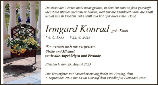 Traueranzeigen Von Irmgard Konrad Vrm Trauer De