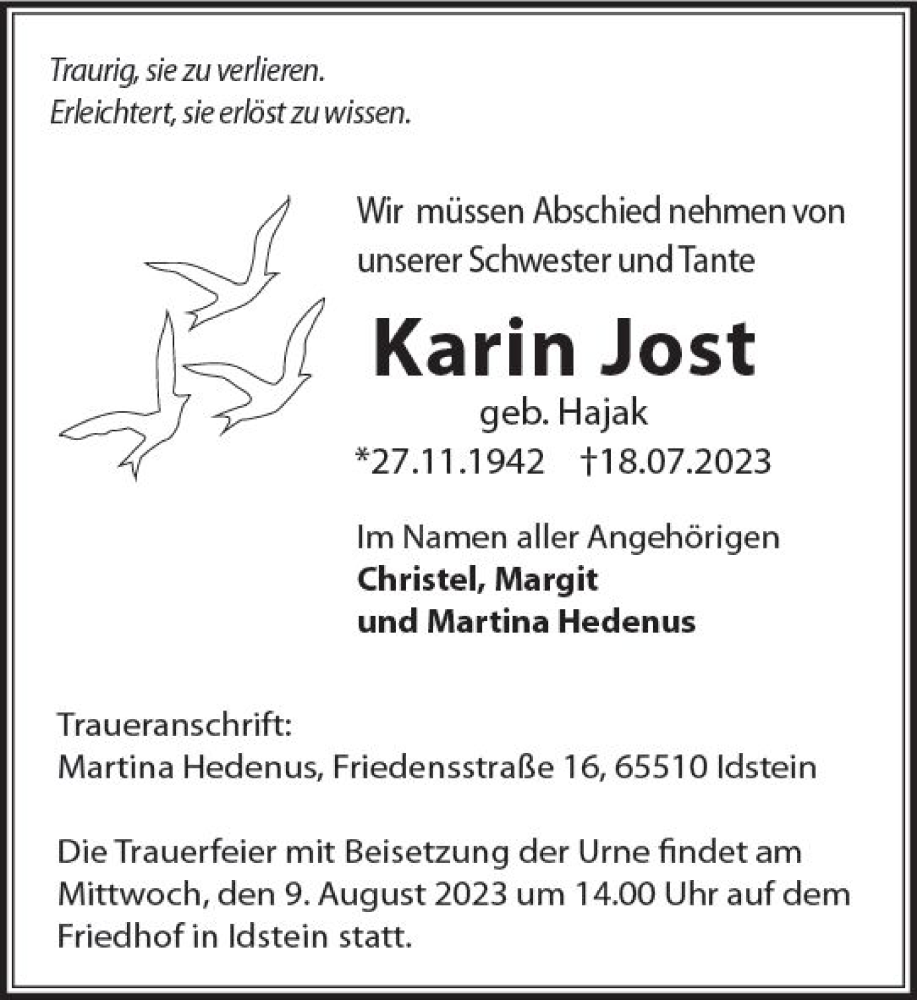 Traueranzeigen Von Karin Jost Vrm Trauer De