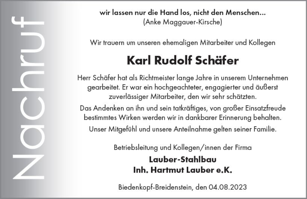 Traueranzeigen Von Karl Rudolf Sch Fer Vrm Trauer De