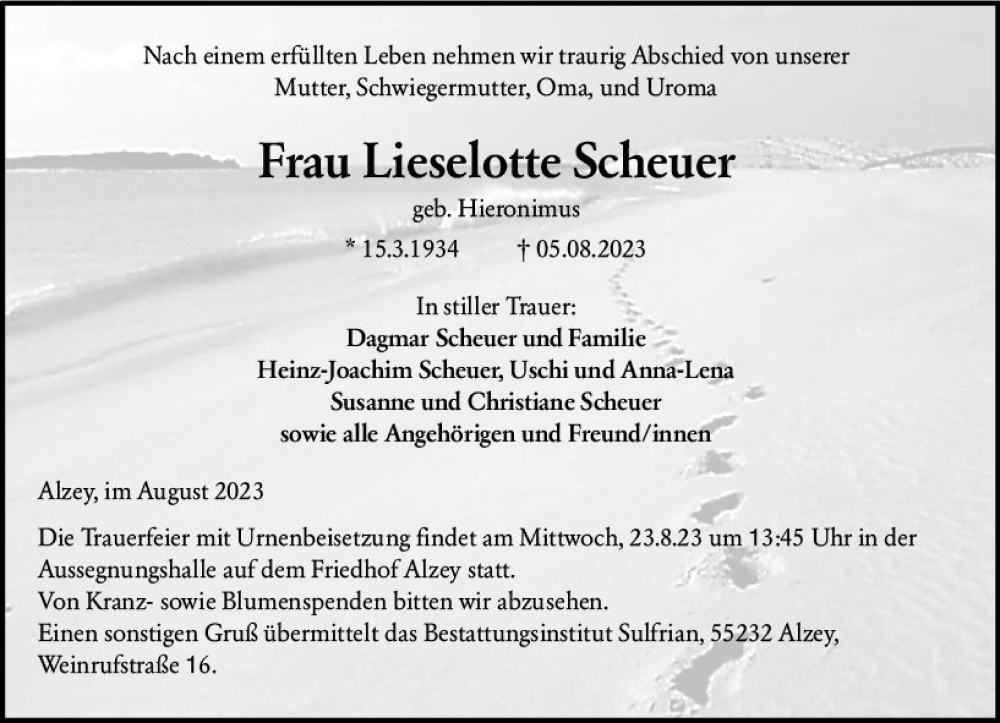 Traueranzeigen Von Lieselotte Scheuer Vrm Trauer De