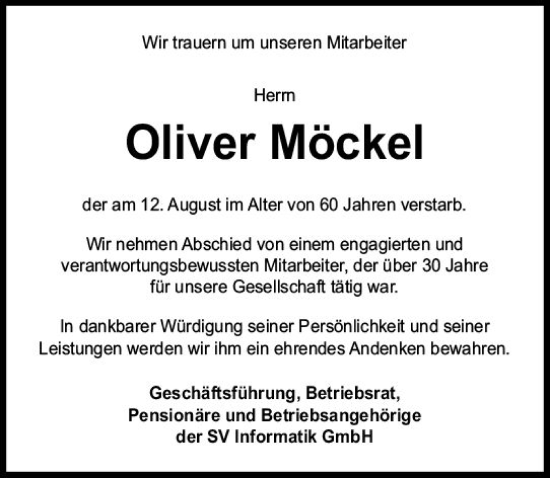 Traueranzeigen Von Oliver M Ckel Vrm Trauer De