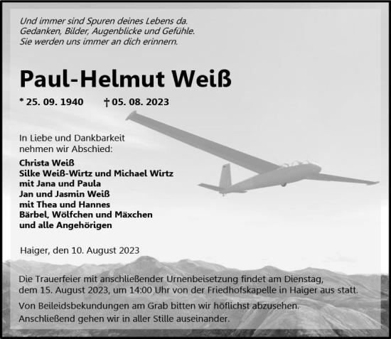 Traueranzeigen von Paul Helmut Weiß vrm trauer de