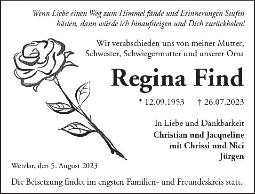 Traueranzeigen Von Regina Find Vrm Trauer De